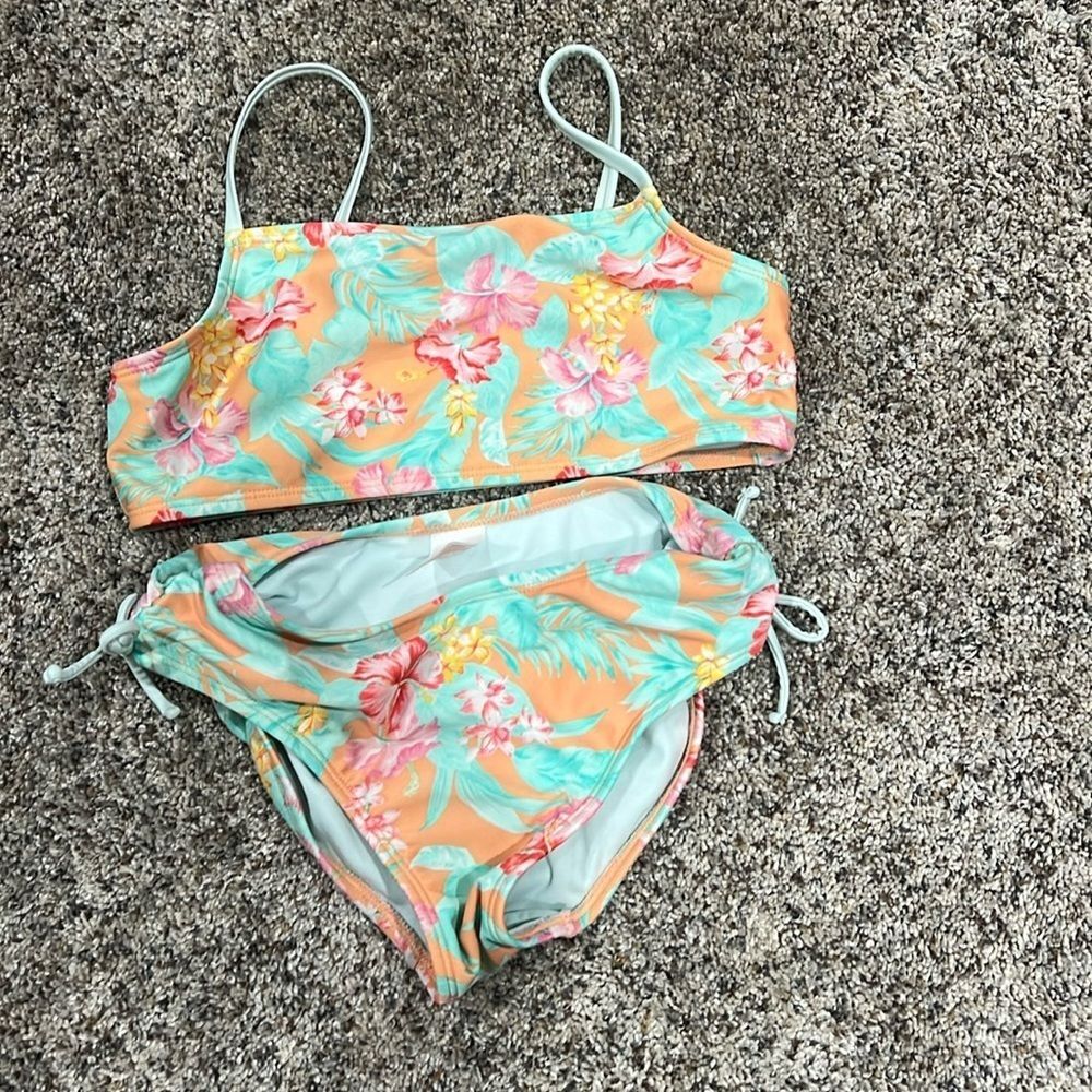 Cat & Jack Girls 3pc Swimsuit Set Tropical Floral Rash Guard Orange Aqua L 10/12